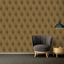 Galerie Wallcoverings Product Code AC60010 - Absolutely Chic Wallpaper Collection - Brown Metallic Black Colours - Peacock Feather Motif Design