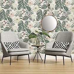 Galerie Wallcoverings Product Code ES31143 - Escape Wallpaper Collection - White, Green, Pink, Grey Colours - Tropical Hibiscus Design