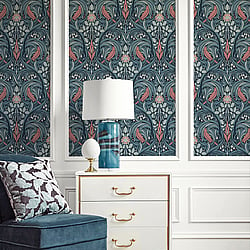 Galerie Wallcoverings Product Code ET12222 - Arts And Crafts Wallpaper Collection - Blue Coral Colours - Bird Scroll Design