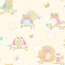 Galerie Wallcoverings Product Code G56035 - Just 4 Kids Wallpaper Collection - Yellow Pink Blue Orange Colours - Colourful Owls Design