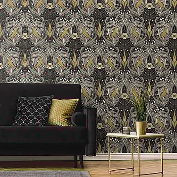 Galerie Wallcoverings Product Code ET12208 - Arts and Crafts Wallpaper Collection - Charcoal Grey Yellow Colours -  